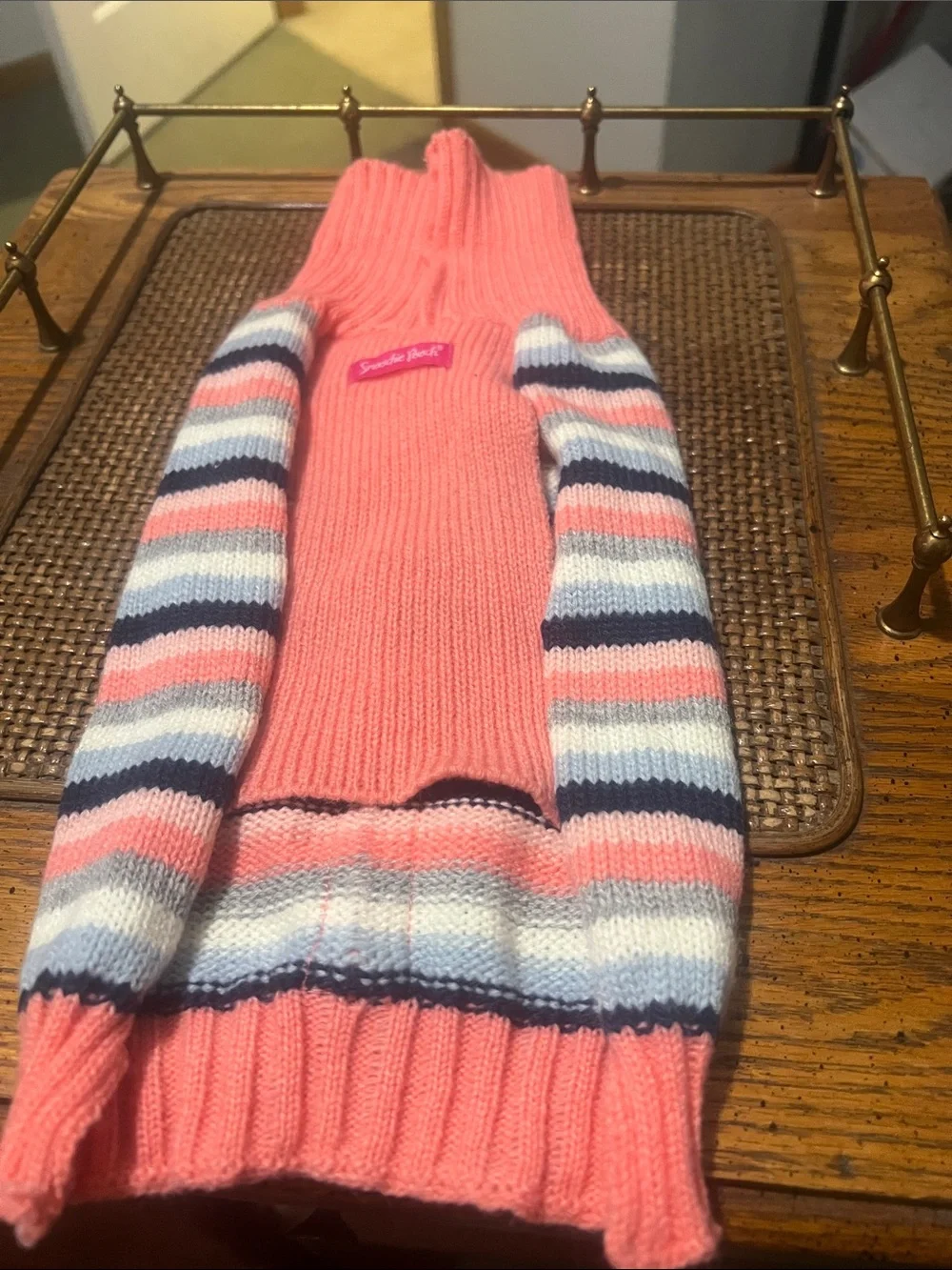 Coral Pink Striped Knit Dog Sweater with Navy & Light Blue Accents and Bows